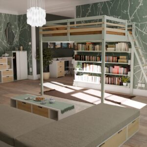 Un lit mezzanine avec des étagères entre piliers pour créer une bibliothèque.